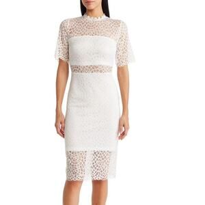 White Lace Sheer Panel Knee Length Dress Back Slit Bride Career Womens Large